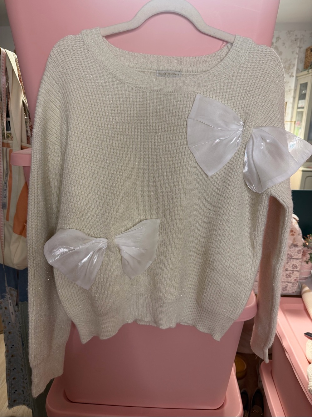 Simply Southern Cream Knit Sweater with Sheer Bow Accents